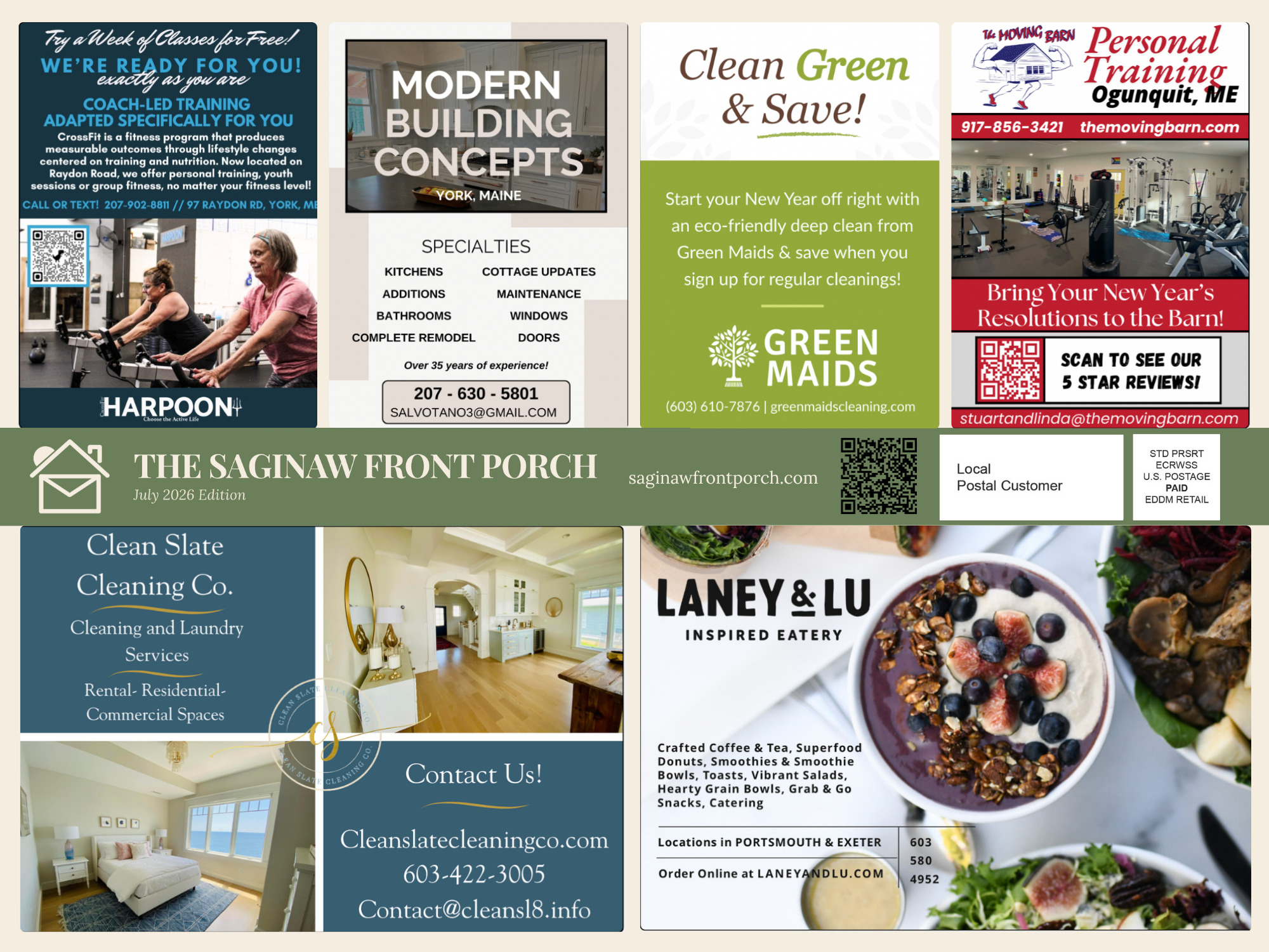An example of a finished Saginaw Front Porch postcard with local-business ads